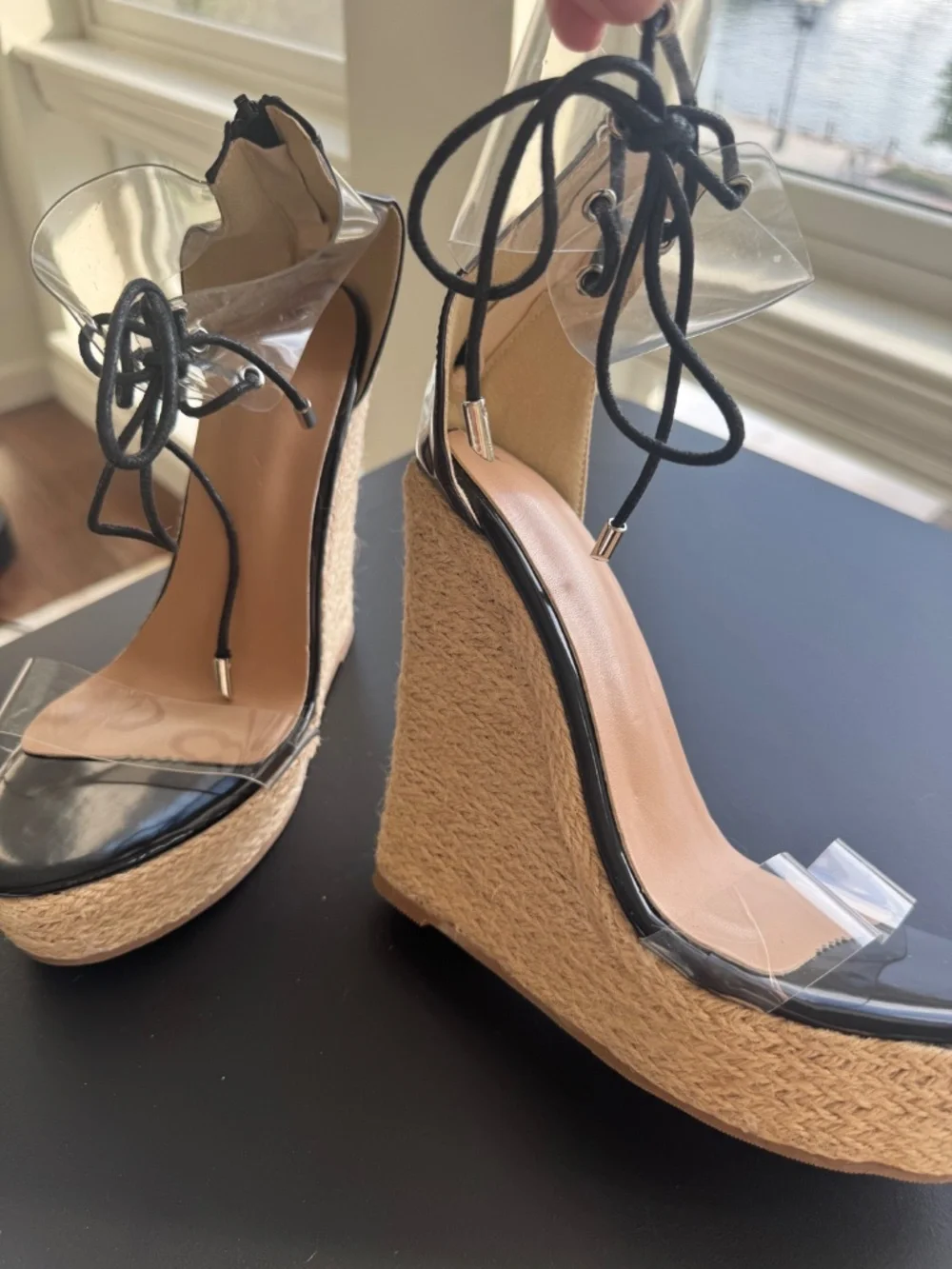 Black Clear PVC Lace-Up Espadrille Platform Wedge Sandals EU 38